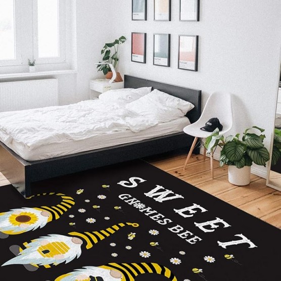 Large Rectangle Area Rug Sweet Gnomes Bee Sunflower Daisy Black Soft Shag Rugs Non-Slip Entryway Hallway Carpet Non-Shedding Playing Mat for Kids Nursery Room Washable Oblong Rug 5'x8' for Living Room