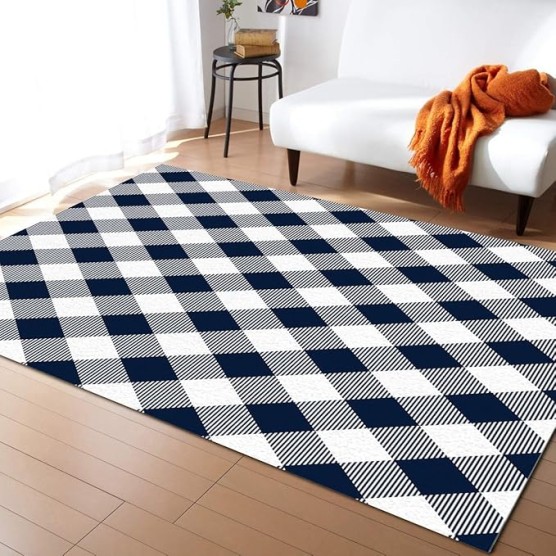 Large Rectangle Area Rug Pastoral Style Navy Blue Lattice Soft Shag Rugs Non-Slip Entryway Hallway Carpet Non-Shedding Playing Mat for Kids Nursery Room Washable Oblong Rug 5'x8' for Living Room