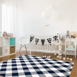 Large Rectangle Area Rug Pastoral Style Navy Blue Lattice Soft Shag Rugs Non-Slip Entryway Hallway Carpet Non-Shedding Playing Mat for Kids Nursery Room Washable Oblong Rug 5'x8' for Living Room