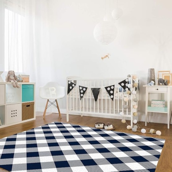 Large Rectangle Area Rug Pastoral Style Navy Blue Lattice Soft Shag Rugs Non-Slip Entryway Hallway Carpet Non-Shedding Playing Mat for Kids Nursery Room Washable Oblong Rug 5'x8' for Living Room