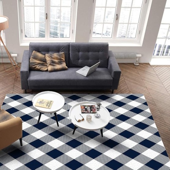 Large Rectangle Area Rug Pastoral Style Navy Blue Lattice Soft Shag Rugs Non-Slip Entryway Hallway Carpet Non-Shedding Playing Mat for Kids Nursery Room Washable Oblong Rug 5'x8' for Living Room