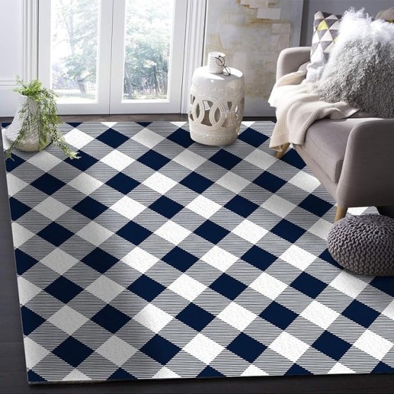 Large Rectangle Area Rug Pastoral Style Navy Blue Lattice Soft Shag Rugs Non-Slip Entryway Hallway Carpet Non-Shedding Playing Mat for Kids Nursery Room Washable Oblong Rug 5'x8' for Living Room