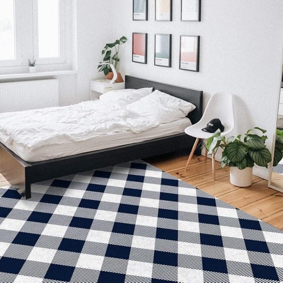 Large Rectangle Area Rug Pastoral Style Navy Blue Lattice Soft Shag Rugs Non-Slip Entryway Hallway Carpet Non-Shedding Playing Mat for Kids Nursery Room Washable Oblong Rug 5'x8' for Living Room