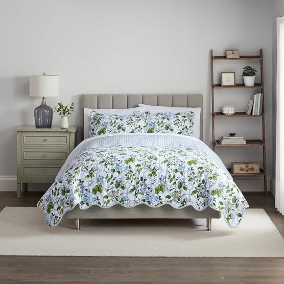 Grand Arbor Printed 3 Piece Cotton Bedspread Set, Luxurious All Season Bedding Set, Includes Bedspread and 2 Pillow Shams, Machine Washable Queen Bed Set, Blue