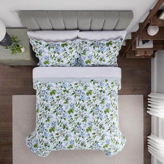Grand Arbor Printed 3 Piece Cotton Bedspread Set, Luxurious All Season Bedding Set, Includes Bedspread and 2 Pillow Shams, Machine Washable Queen Bed Set, Blue