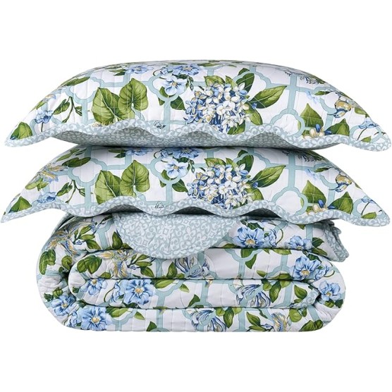 Grand Arbor Printed 3 Piece Cotton Bedspread Set, Luxurious All Season Bedding Set, Includes Bedspread and 2 Pillow Shams, Machine Washable Queen Bed Set, Blue