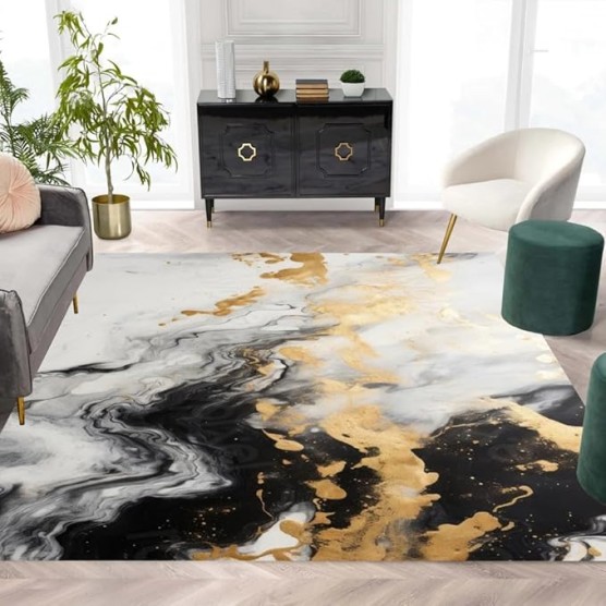 Modern Contemporary Aesthetics Black Grey Gold Marble Abstract Area Rug for Livingroom Bedroom Faux Wool Art Decor Carpet Under Dining Table Indoor Home Office Rugs 8x10