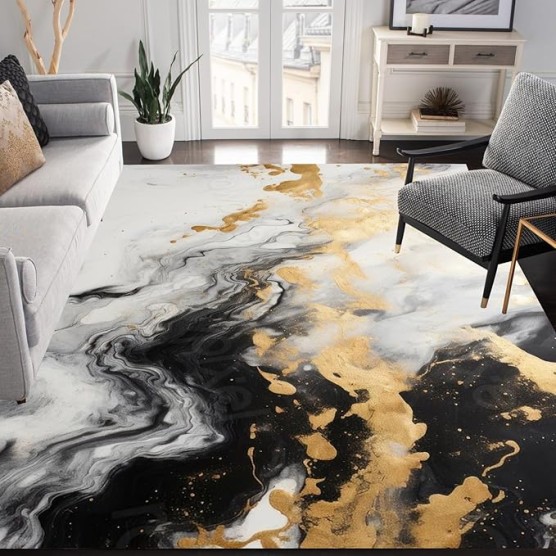 Modern Contemporary Aesthetics Black Grey Gold Marble Abstract Area Rug for Livingroom Bedroom Faux Wool Art Decor Carpet Under Dining Table Indoor Home Office Rugs 8x10