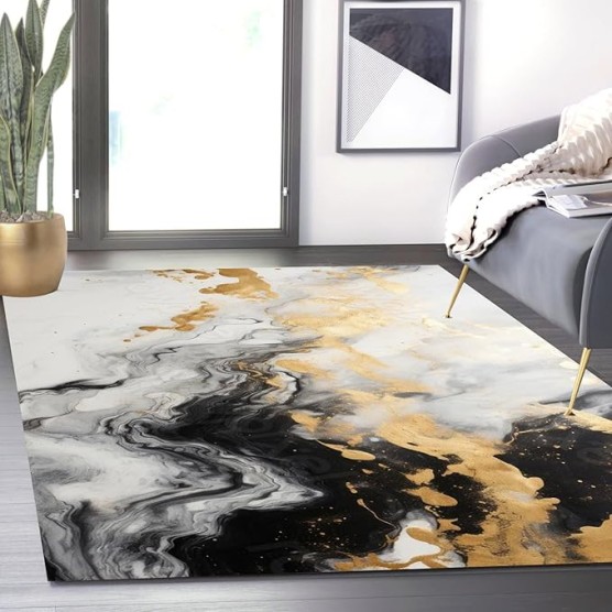 Modern Contemporary Aesthetics Black Grey Gold Marble Abstract Area Rug for Livingroom Bedroom Faux Wool Art Decor Carpet Under Dining Table Indoor Home Office Rugs 8x10