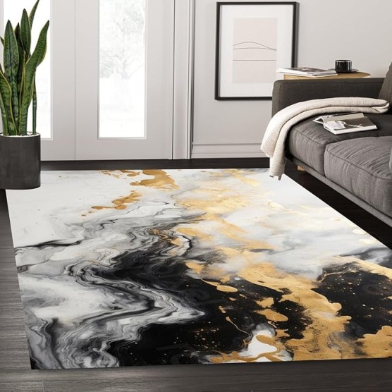 Modern Contemporary Aesthetics Black Grey Gold Marble Abstract Area Rug for Livingroom Bedroom Faux Wool Art Decor Carpet Under Dining Table Indoor Home Office Rugs 8x10