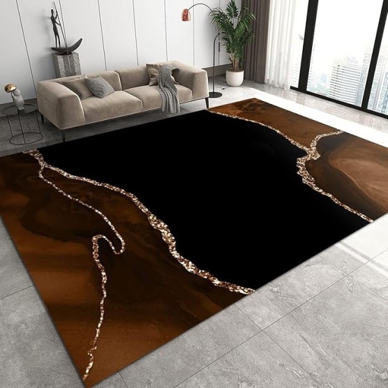 Brown Black Marble Area Rugs, Luxurious Geometric Gold Stripes Indoor Carpet, Machine Washable Low-Pile Accent Floor Throw Rugs for Living Room Bedroom Dining Room 6' x 9', Style-18
