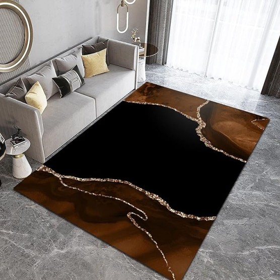 Brown Black Marble Area Rugs, Luxurious Geometric Gold Stripes Indoor Carpet, Machine Washable Low-Pile Accent Floor Throw Rugs for Living Room Bedroom Dining Room 6' x 9', Style-18