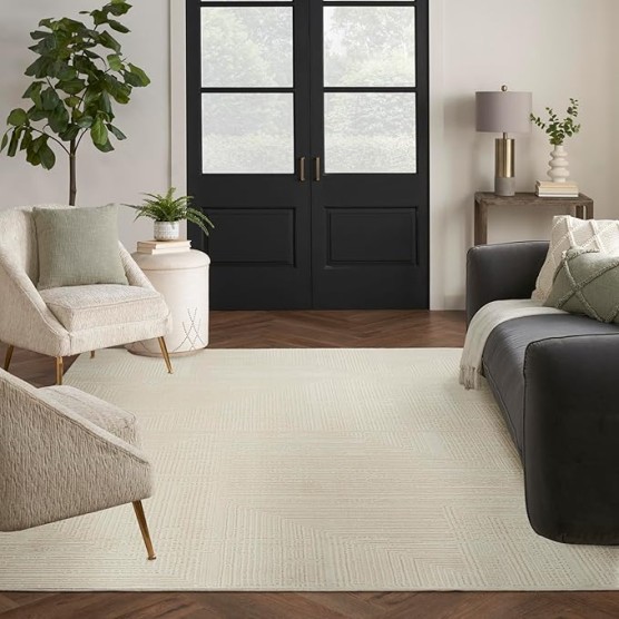 Eco-Friendly Contemporary Ivory 9' x 12' Area Rug, Easy Clean, Non Shedding, Bed Room, Living Room, Dining Room, Kitchen (9x12)