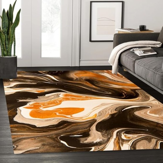 Orange Brown Liquid Abstract Modern Marble Rugs for Living Room Bedroom Washable Soft Lux Art Decor Diningroom Office Carpet Contemporary Aesthetics Floor Rug 8x12
