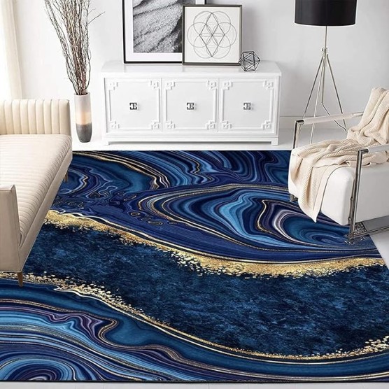 Luxury Royal Blue Gold Swirl Marble Texture Art Rug, Nordic Abstract Art Machine Washable Area Rug, Soft Non-Slip Washable Mat for Living Room Bedroom Porch Hallway Dining Table-6x8ft