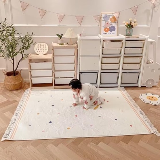Plush Carpet with Tassel for Bedroom Girl Room,Super Soft Bedside Blanket Area Rug with dot Pattern,Cute Tassel Floor mat for Living Room,Moisture-Proof Cotton Backing,Crawling mats