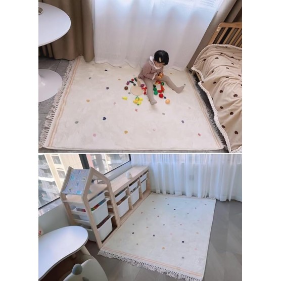 Plush Carpet with Tassel for Bedroom Girl Room,Super Soft Bedside Blanket Area Rug with dot Pattern,Cute Tassel Floor mat for Living Room,Moisture-Proof Cotton Backing,Crawling mats