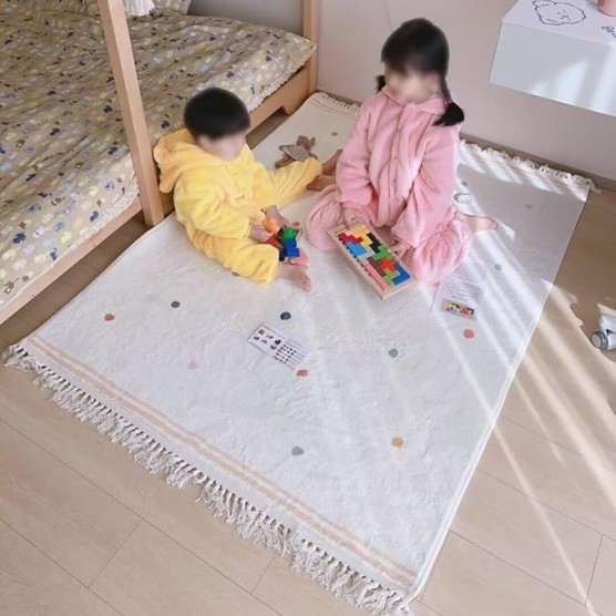 Plush Carpet with Tassel for Bedroom Girl Room,Super Soft Bedside Blanket Area Rug with dot Pattern,Cute Tassel Floor mat for Living Room,Moisture-Proof Cotton Backing,Crawling mats