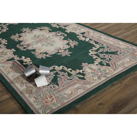 Vintage Hand Tufted Aubusson Design Area Rug,Floral Print Rectangular Rug for Living Room Non-Slip Ultra-Thin Floor Carpet, Pure Wool Soft Luxury Rug for Home Decor Dark Green(5x8Ft)