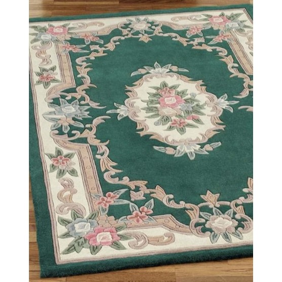 Vintage Hand Tufted Aubusson Design Area Rug,Floral Print Rectangular Rug for Living Room Non-Slip Ultra-Thin Floor Carpet, Pure Wool Soft Luxury Rug for Home Decor Dark Green(5x8Ft)