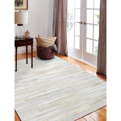 Premium Cowhide Leather Stripes Pattern Area Rug, Luxury Non Slip Floor Accent for Dining Room, Living Room, Bedroom, Elegant Entryway Carpet, Size-5X8 ft, White