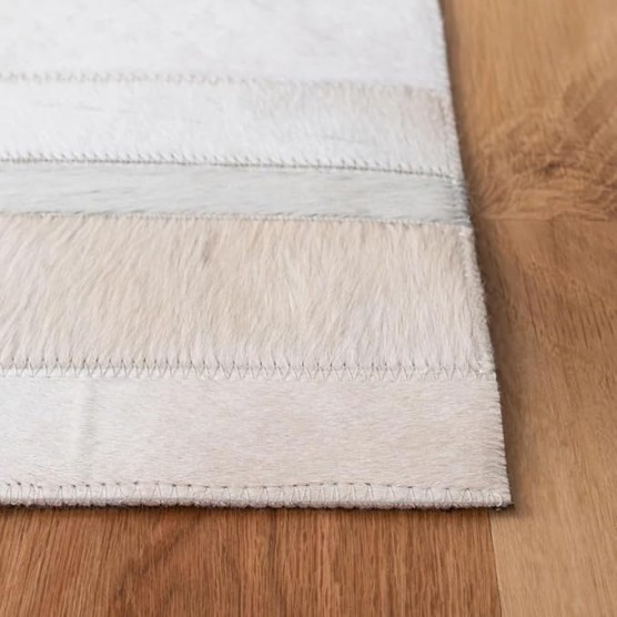 Premium Cowhide Leather Stripes Pattern Area Rug, Luxury Non Slip Floor Accent for Dining Room, Living Room, Bedroom, Elegant Entryway Carpet, Size-5X8 ft, White