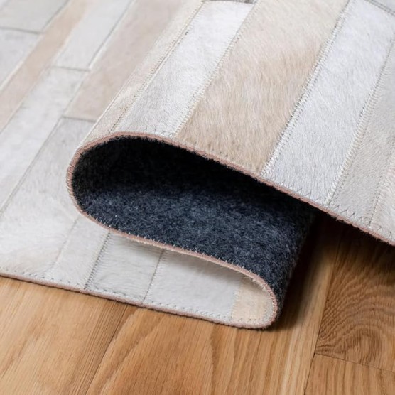 Premium Cowhide Leather Stripes Pattern Area Rug, Luxury Non Slip Floor Accent for Dining Room, Living Room, Bedroom, Elegant Entryway Carpet, Size-5X8 ft, White