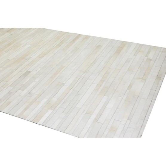 Premium Cowhide Leather Stripes Pattern Area Rug, Luxury Non Slip Floor Accent for Dining Room, Living Room, Bedroom, Elegant Entryway Carpet, Size-5X8 ft, White
