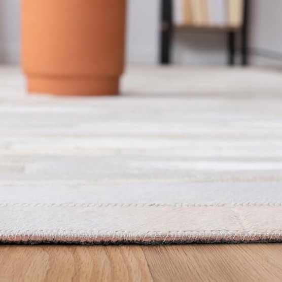 Premium Cowhide Leather Stripes Pattern Area Rug, Luxury Non Slip Floor Accent for Dining Room, Living Room, Bedroom, Elegant Entryway Carpet, Size-5X8 ft, White