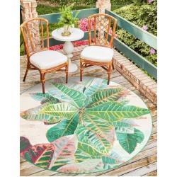 Outdoor Botanical Collection Area Rug - Foliage (7' 1" Round Multi/Blue)