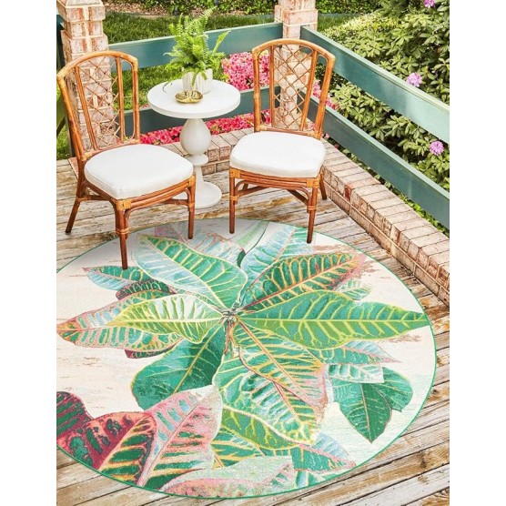Outdoor Botanical Collection Area Rug - Foliage (7' 1" Round Multi/Blue)