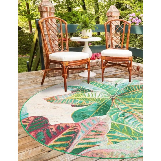 Outdoor Botanical Collection Area Rug - Foliage (7' 1" Round Multi/Blue)