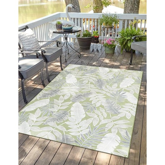 Outdoor Botanical Collection Area Rug - Leaves (8' 2" x 10' Rectangle Green/Ivory)