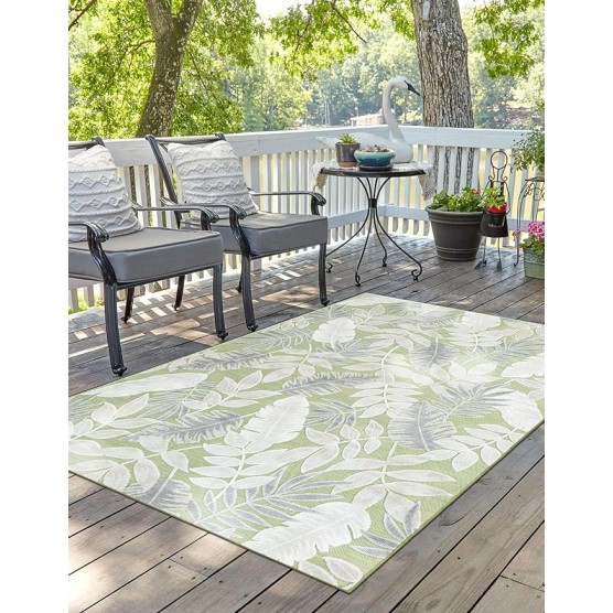 Outdoor Botanical Collection Area Rug - Leaves (8' 2" x 10' Rectangle Green/Ivory)