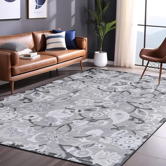 Floral Indoor Outdoor Rugs 8x10 Large Area Rug for Living Room, Patio Decor, Kitchen, and Entryway Rug, Washable Stain Resistant Outside Carpet Gray 8 x 10
