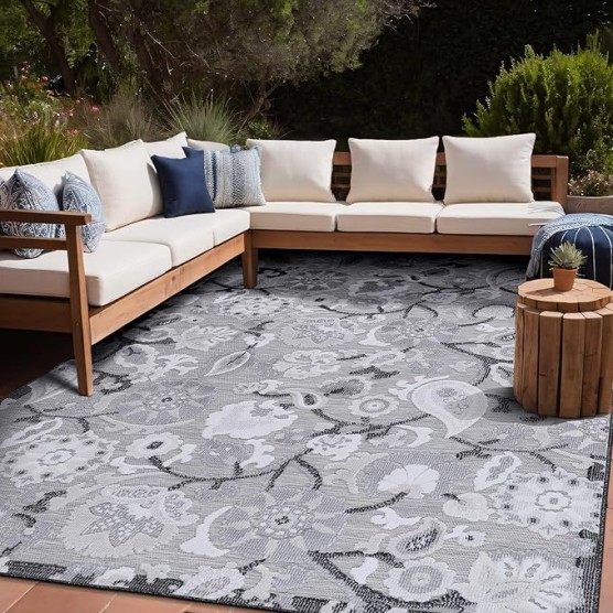Floral Indoor Outdoor Rugs 8x10 Large Area Rug for Living Room, Patio Decor, Kitchen, and Entryway Rug, Washable Stain Resistant Outside Carpet Gray 8 x 10