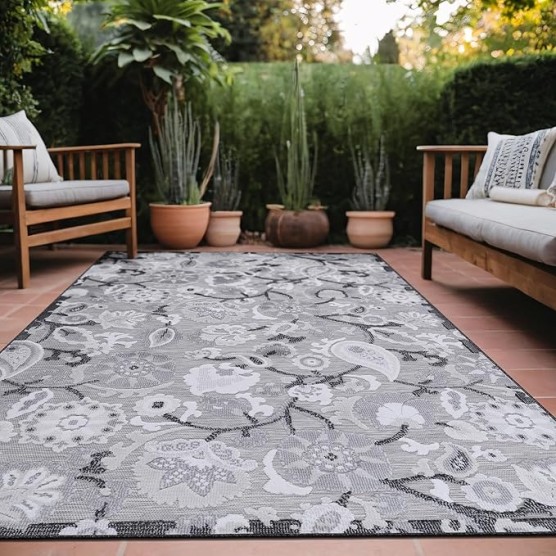 Floral Indoor Outdoor Rugs 8x10 Large Area Rug for Living Room, Patio Decor, Kitchen, and Entryway Rug, Washable Stain Resistant Outside Carpet Gray 8 x 10
