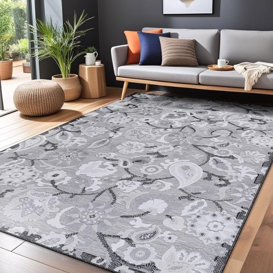 Floral Indoor Outdoor Rugs 8x10 Large Area Rug for Living Room, Patio Decor, Kitchen, and Entryway Rug, Washable Stain Resistant Outside Carpet Gray 8 x 10