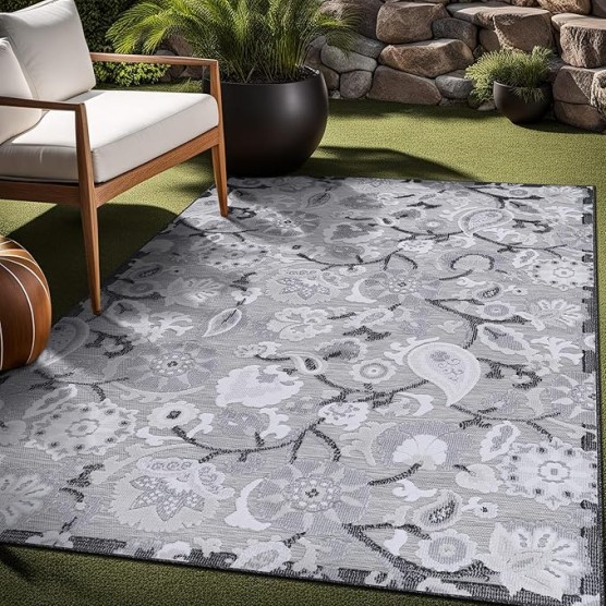 Floral Indoor Outdoor Rugs 8x10 Large Area Rug for Living Room, Patio Decor, Kitchen, and Entryway Rug, Washable Stain Resistant Outside Carpet Gray 8 x 10