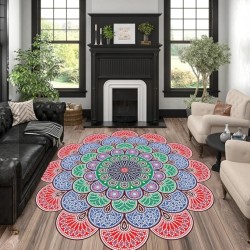 Luxury Flower Mandala Shaped Decorative Area Rug 10ft Round Blue Green Red Soft Wool Modern Aesthetic Rug for Livingroom Bedroom Diningroom Nursery Playroom Office Farmhouse Floor Carpets