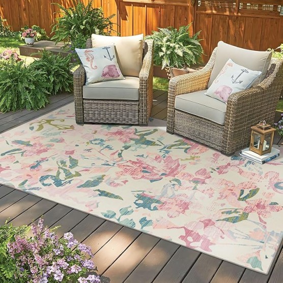 -8'x10' Floral Area Rugs Patio Waterproof Indoor/Outdoor Machine Washable Rugs，Bathroom Bedroom Camping Picnic Decor Carpet，Portable Large Outdoor Rugs for Balcony Deck Backyard (Pink, 8'x10')