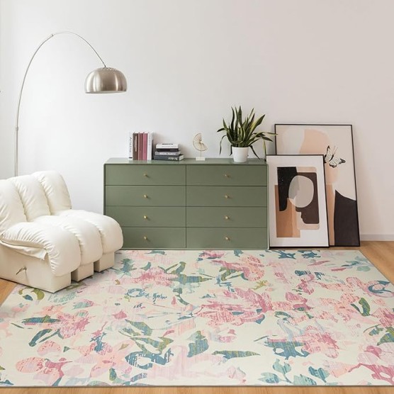 -8'x10' Floral Area Rugs Patio Waterproof Indoor/Outdoor Machine Washable Rugs，Bathroom Bedroom Camping Picnic Decor Carpet，Portable Large Outdoor Rugs for Balcony Deck Backyard (Pink, 8'x10')
