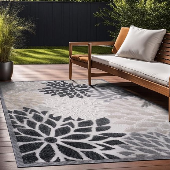 Outdoor Rug 9x12 Large Modern Floral Tropical Area Rugs for Indoor and Outdoor Patio Easy to Clean Non Shedding Living Room Porch Garden Washable Outside Carpet (9 x 12 Beige)