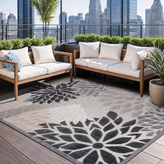 Outdoor Rug 9x12 Large Modern Floral Tropical Area Rugs for Indoor and Outdoor Patio Easy to Clean Non Shedding Living Room Porch Garden Washable Outside Carpet (9 x 12 Beige)