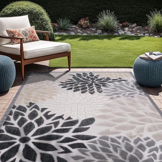 Outdoor Rug 9x12 Large Modern Floral Tropical Area Rugs for Indoor and Outdoor Patio Easy to Clean Non Shedding Living Room Porch Garden Washable Outside Carpet (9 x 12 Beige)