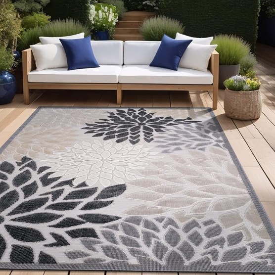 Outdoor Rug 9x12 Large Modern Floral Tropical Area Rugs for Indoor and Outdoor Patio Easy to Clean Non Shedding Living Room Porch Garden Washable Outside Carpet (9 x 12 Beige)