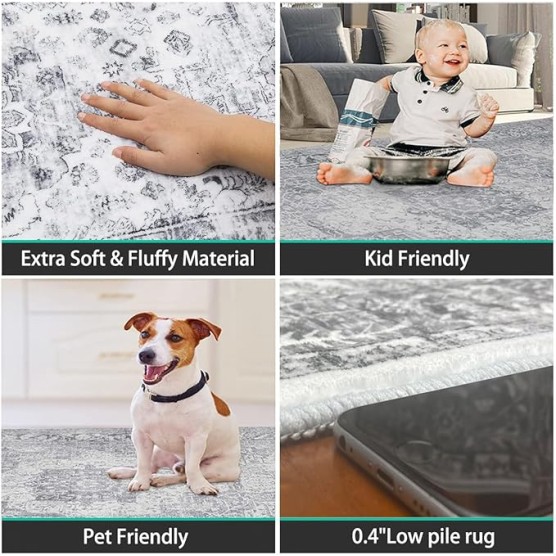 Soft Plush Fluffy Carpets 8x10 Ft Boho Oriental Geometric Floral Rugs for Bedroom Living Room, Super Soft and Comfy Carpet, Cute Carpets for Kids Nursery Boys Girls Home Gray Blue
