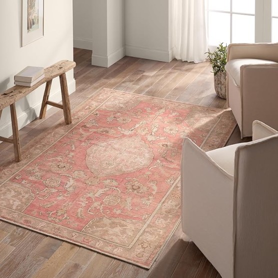 , Machine Washable 9x12 Large Area Rug, Boho Pink/Beige Living Room Rug
