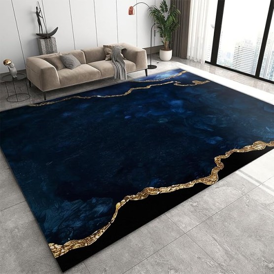 Navy Blue Marble Area Rug, Luxury Geometric Gold Foil Texture Indoor Non-Slip Rugs, Machine Washable Breathable Easy Care Carpet for Living Room Bedroom Dining Room - 6' x 9', Style-14