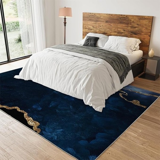 Navy Blue Marble Area Rug, Luxury Geometric Gold Foil Texture Indoor Non-Slip Rugs, Machine Washable Breathable Easy Care Carpet for Living Room Bedroom Dining Room - 6' x 9', Style-14